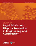 Journal of Legal Affairs and Dispute Resolution in Engineering and Construction cover with an image of wooden blocks on a red background. The journal title, ASCE logo, and Construction Institute logo are also on the cover.
